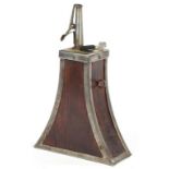 A BURNISHED STEEL AND OAK POWDER FLASK IN 17TH C STYLE 24cm h