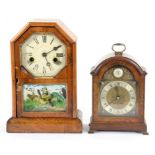 AN AMERICAN WALNUT MANTLE CLOCK WITH PRINTED AND PAINTED GLASS DOOR, 32CM H, LATE 19TH C AND