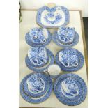 A COPELAND FLUTED BONE CHINA BLUE AND WHITE TEA SERVICE, INCLUDING A PAIR OF SHAPE SQUARE PLATES,