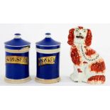 TWO 19TH C BLUE GLAZED EARTHENWARE PHARMACIST'S JARS AND COVER WITH PART GILT BANNER LABELS, 21CM H,