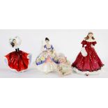 THREE ROYAL DOULTON BONE CHINA FIGURES OF YOUNG LADIES, 24CM H AND SMALLER AND AN EARLIER