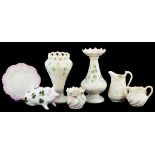 A G HILL WEMYSS TYPE PIGLET WITH PAINTED SHAMROCK DECORATION, 8.5CM H, AND 6 ITEMS OF BELLEEK