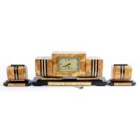 A FRENCH ART DECO, MARBLE, SLATE AND ONYX CLOCK GARNITURE, COMPRISING TIMEPIECE, 55CM W AND PAIR