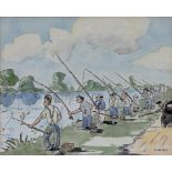 E S LEAVESLEY THE ANGLING COMPETITION, SIGNED, PEN, INK AND WASH, 24 X 29.5CM