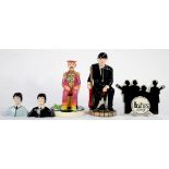 THE BEATLES. TWO LORNA BAILEY EARTHENWARE FIGURES, TWO MINIATURE BUSTS AND A PLAQUE, FIGURE OF