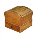 A REGENCY ROSEWOOD BASKET SHAPED WORKBOX the domed lid applied with a varnished engraving, the