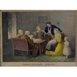 A PAIR OF VICTORIAN HAND COLOURED LITHOGRAPHS, FAMILY DEVOTION - SINGING AND FAMILY DEVOTION -
