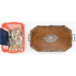 AN EPNS MOUNTED OAK TEA TRAY 57CM W AND MISCELLANEOUS PLATED FLATWARE