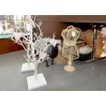 A QUANTITY OF BASKETS, METAL STORAGE TINS, METAL SHEEP AND MANNEQUIN, DISPLAY TREES, ETC