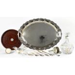 AN ARTS AND CRAFTS STYLE EPNS TEA TRAY, 50CM W, EARLY 20TH C, A SILVER MOUNTED CUT GLASS DECANTER