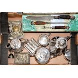 MISCELLANEOUS PLATED WARE AND A VICTORIAN SILVER MOUNTED AND ANTLER HAFTED CARVING SET, SHEFFIELD