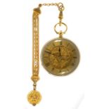 A SWISS GOLD LEVER WATCH WITH ENGRAVED DIAL, IN ENGINE TURNED AND ENGRAVED CASE, MARKED 18K AND A