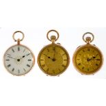 THREE GOLD WATCHES, TWO WITH ENGRAVED DIAL, THE OTHER WITH AN ENAMELLED DIAL, MARKED 9K