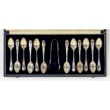 A SET OF TWELVE EDWARD VIII SILVER COFFEE SPOONS AND A PAIR OF SUGAR BOWS, LONDON 1936, CASED,