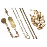 A 9CT GOLD BROOCH, A GOLD NECKLET MARKED 9C, A GOLD IDENTITY BRACELET MARKED 9CT AND A GOLD FINE