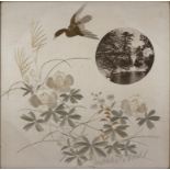 A PAIR OF JAPANESE EMBROIDERED SILK PICTURES, BIRDS AND LILIES, IN THE ORIGINAL FRAMES, WITH