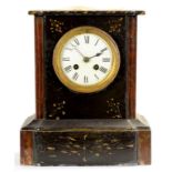 A BELGIAN SLATE AND RED MARBLE MANTEL CLOCK, WITH ENAMEL DIAL AND BELL STRIKING MOVEMENT, 28CM H