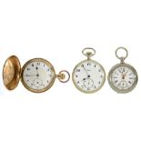 A GOLD PLATED KEYLESS LEVER HUNTING CASED WATCH AND TWO OTHERS, WITH ENAMEL DIAL