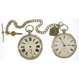 A SILVER LEVER WATCH WITH ENAMEL DIAL, BIRMINGHAM 1884, A PLATED ALBERT AND ANOTHER SILVER WATCH,