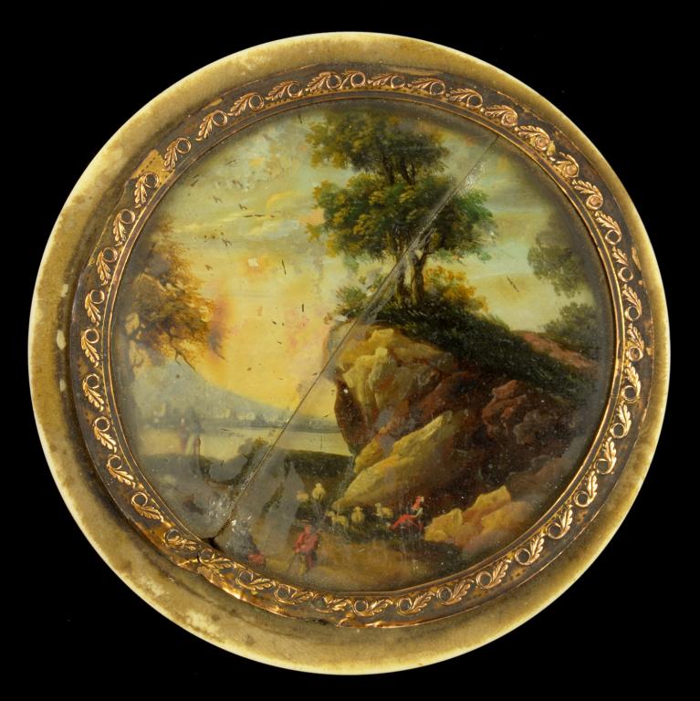 A TURNED IVORY BOX AND COVER, COVER INSET WITH A PAINTED MINIATURE OF PEASANTS AND THEIR ANIMALS