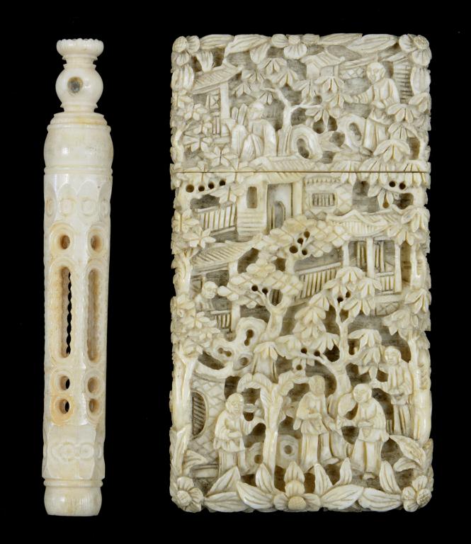 A CHINESE EXPORT CARVED IVORY CARD CASE AND COVER, 8CM H, MID 19TH C AND PART OF A VICTORIAN BONE - Image 2 of 2