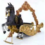 A PAINTED AND GILTWOOD AND PAPIER MACHE THEATRICAL HORSE AND SLEIGH, WITH ORNATE ARCH, REARING HORSE