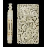 A CHINESE EXPORT CARVED IVORY CARD CASE AND COVER, 8CM H, MID 19TH C AND PART OF A VICTORIAN BONE
