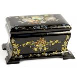 A VICTORIAN MOTHER OF PEARL INLAID PAPIER MACHE TEA CADDY OF BOMBE FORM, PAINTED AND GILT WITH