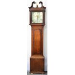 A GEORGE III OAK AND CROSS BANDED 30 HOUR LONG CASE CLOCK, THE DIAL PAINTED WITH BIRDS AND