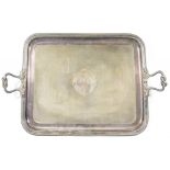 AN EPNS TEA TRAY WITH KNOT HANDLES, ENGINE TURNED, 76CM OVER HANDLES, LATE 19TH C