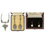 A MARCASITE FLOWER BASKET NECKLACE, A PAIR OF MARCASITE AND BLUE PASTE PENDANT EARRINGS AND A PAIR