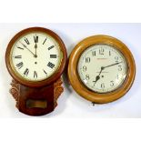 A MAHOGANY DROP CASED WALL TIMEPIECE AND ANOTHER WALL TIMEPIECE, BOTH WITH PAINTED DIAL, THE