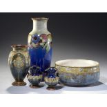 FOUR DOULTON WARE VASES AND A BOWL, C1900 AND EARLY 20TH C largest vase 30cm h, impressed marks