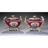 A PAIR OF ENGLISH PORCELAIN CLARET GROUND BOAT SHAPED POT POURRI VASES AND COVERS, C1820 painted