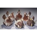 SIX SIMILAR STAFFORDSHIRE EARTHENWARE HEN-AND-CHICKS EGG BOXES AND COVERS, MID 19TH C sponged in