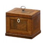 A GEORGE III MAHOGANY, ROSEWOOD AND INLAID TEA CADDY, C1790 with barber pole stringing, the interior