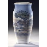 A ROYAL COPENHAGEN VASE, 1949 decorated with a thatched house on the coast, 42cm h, printed and