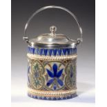 AN EPNS MOUNTED DOULTON WARE PRESERVE POT AND COVER BY EDITH D LUPTON, C1880 15cm h overall,