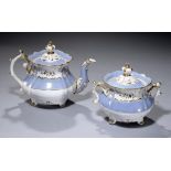 A ROCKINGHAM TEAPOT AND COVER AND SUCRIER AND COVER, C1830-42 of Three spur handle shape, teapot and