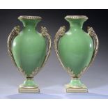 A PAIR OF COALPORT APPLE GREEN GROUND VASES, C1855-60 24cm h For another example of the shape,