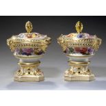 A PAIR OF DERBY POT POURRI VASES AND COVERS, C1810 the sides applied with gilt satyr masks and