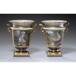 A PAIR OF FLIGHT, BARR & BARR SERPENT HANDLED VASES, C1813-20 finely painted with 'A fern-cutters