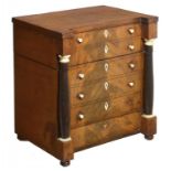 A GERMAN IVORY MOUNTED MAHOGANY DECANTER CASE IN THE FORM OF A CHEST OF DRAWERS, MID 19TH C with