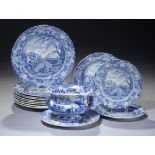 A BRAMELD BLUE PRINTED EARTHENWARE CASTLE OF ROCHEFORT SAUCE TUREEN AND THIRTEEN PLATES, C1820-25