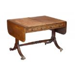 A GEORGE IV MAHOGANY SOFA TABLE crossbanded in rosewood and line inlaid, having drum knobs, on