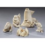 FIVE JAPANESE MINIATURE IVORY MONKEY OKIMONOS including a group with a decaying lotus flower, 2.5-