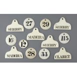 SIX SPODE WHITE EARTHENWARE CELLAR BIN LABELS, EARLY/MID 19TH C painted in black CLARET, MADEIRA