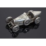 A SILVER MINIATURE MODEL OF A BUGATTI MOTOR CAR 8.2cm l, maker PAS, Sheffield 1989, 2ozs 6dwts ++