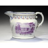 A BAT PRINTED WHITE EARTHENWARE JUG, DATED 1827 the prints, inscribed in sepia Buckingham Seat,