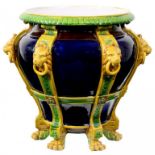 A MINTON MAJOLICA LION MASK JARDINIERE, 1881 on six paw feet, 44cm h, impressed marks ++An excellent